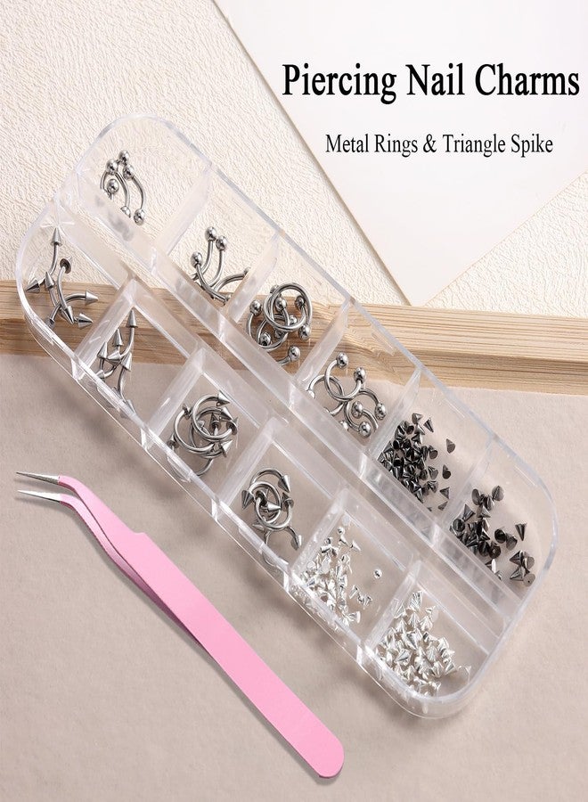 Furtherpretty Piercing Nail Charms Set, 3D Silver Alloy Goth Punk Nail Art Decorations, Triangle Spike Rivets & Metal Rings, Y2K Pierced Nail Charms for DIY Manicure & Salon Accessories - Image 2